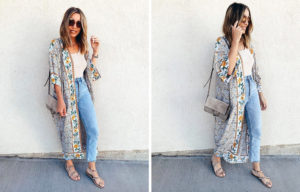fashion blogger wearing amazon prime floral print long sheer kimono cover up