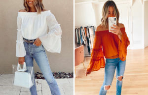 fashion blogger wearing amazon prime off the shoulder bell sleeve top
