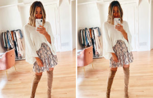 fashion blogger wearing amazon prime snake print layered ruffle mini skirt