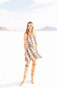 jaime shrayber wearing python pleated dress from gibson city safari collection from nordstrom