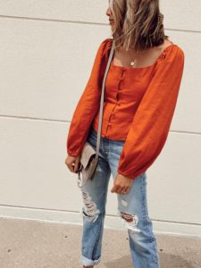 fashion blogger jaime shrayber wearing topshop rust button down prairie top