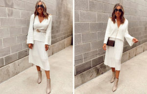 fashion blogger wearing amazon prime white pleated midi skirt