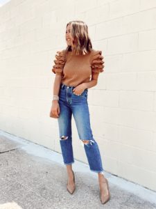fashion blogger wearing target tiered ruffle sleeve sweater top