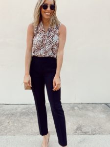 Fashion blogger jaime shrayber wearing work inspired leopard sleeveless chiffon blouse