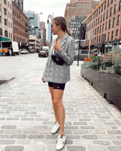 fashion blogger wearing topshop oversized plaid blazer with biker shorts - new york street style