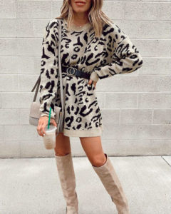 fashion blogger styling leopard sweater dress with black double ring belt