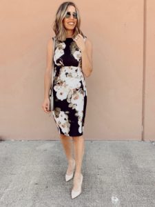 fashion blogger wearing calvin klein floral print sheath dress