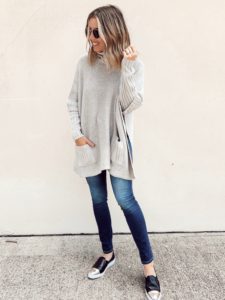 fashion blogger wearing walmart grey knit mock neck poncho for fall