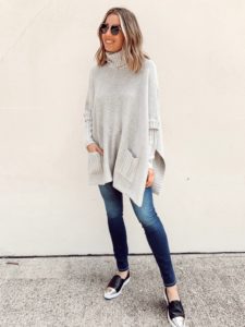 fashion blogger wearing walmart grey knit mock neck poncho