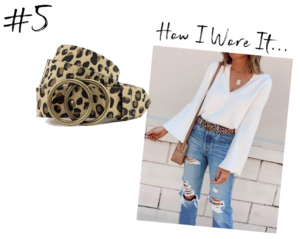 fashion blogger wearing affordable amazon leopard print belt and white vneck sweater
