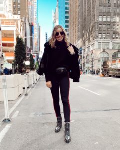 new york street style 1.state faux mink wide collar black jacket with black pants and studded boots