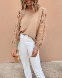 1.state fringe sleeve sweater in wild oak with white skinny jeans