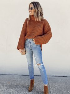 nordstrom chunky turtleneck sweater with levis straight leg jeans Marc fisher suede brown Alva bootie