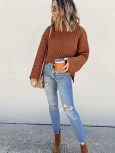 nordstrom chunky turtleneck sweater with levis straight leg jeans Marc fisher suede brown Alva bootie