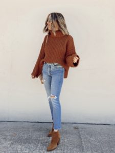 nordstrom joa chunky turtleneck sweater with levis wedgie ripped straight leg jeans