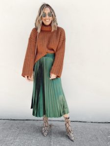 nordstrom joa chunky turtleneck sweater with holiday green pleated midi skirt Jeffrey Campbell snake print booties