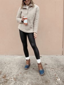 affordable walmart beige cozy sherpa half button pullover with black faux leather leggings