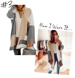 amazon prime fashion colorblock cardigan with white skinny jeans and white lace trim cami