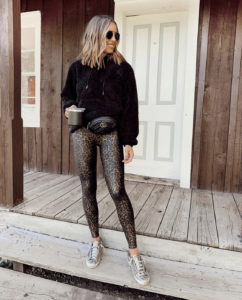 golden goose sneakers casual outfit with Spanx leopard leggings gucci belt bag