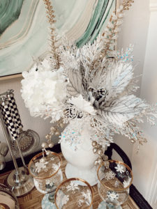 mackenzie childs winter white sweetbriar vase and holiday snowfall flower stems