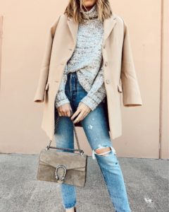 nordstrom turtleneck sweater with levi's ripped jeans and bb dakota top coat winter outfit