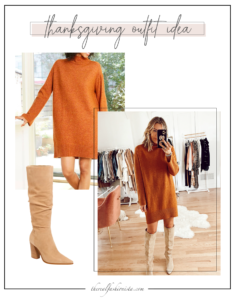 orange sweater dress with knee high boots outfit for thanksgiving