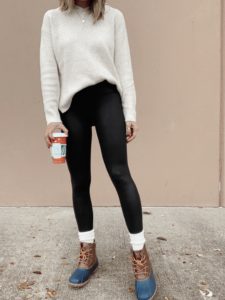 affordable walmart oatmeal heather waffle hoodie pullover with black faux leather leggings
