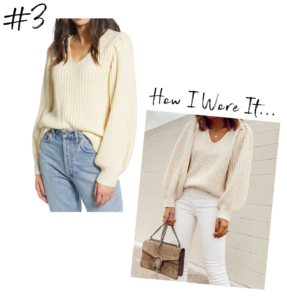 Nordstrom all in favor balloon sleeve shaker stitch cream sweater with white skinny jeans