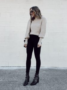 Nordstrom Leith Juliet sleeve beige oatmeal neutral sweater with Levi’s Mile High Super black Skinny Jeans