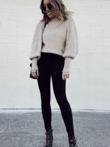 Nordstrom Leith Juliet sleeve beige oatmeal sweater with Levi’s Mile High Skinny Jeans and Steve Madden hattie booties