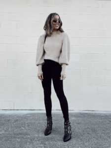 Nordstrom affordable Leith Juliet sleeve beige oatmeal sweater with Levi’s Mile High Skinny Jeans and Steve Madden hattie studded booties