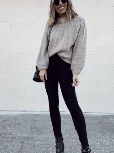 Nordstorm dreamers by debut seam detail crop mocha sweater with levi’s black skinny jeans and Steve Madden hattie booties