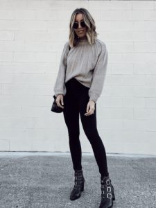 Nordstorm affordable dreamers by debut seam detail crop mocha sweater with levi’s black skinny jeans and Steve Madden black studded combat hattie booties