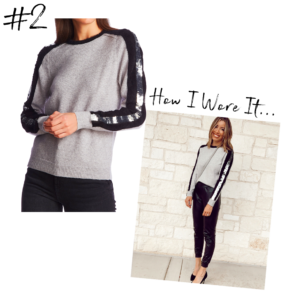 nordstrom 1.state silver sequin stripe sleeve gray crewneck sweater with black faux leather joggers