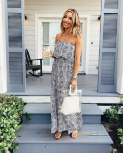 fashion blogger wearing amazon prime strapless blue printed maxi casual summer dress