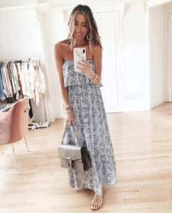 fashion blogger wearing amazon prime strapless blue printed maxi casual summer dress