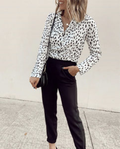 fashion blogger wearing amazon prime leopard print long sleeve button down top