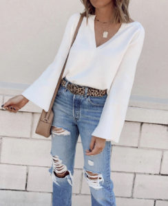 amazon deep v-neck loose fitting casual bell sleeve white pullover sweater
