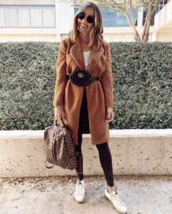 rust teddy bear coat with leggings gucci belt bag and golden goose sneakers outfit
