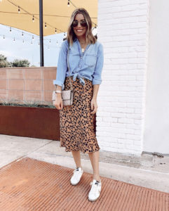 tie front chambray denim shirt with leopard print midi skirt and white golden goose sneakers outfit
