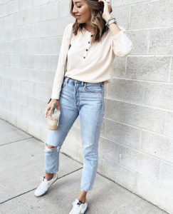 amazon long sleeve waffle thermal henley top with agolde riley straight jeans and golden goose sneakers