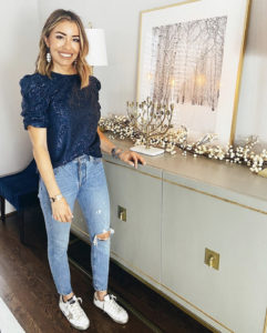 anthropologie marie blue sequined blouse with levis 501 skinny jeans and golden goose sneakers
