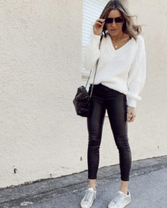 ways to wear faux leather pants with golden goose sneakers