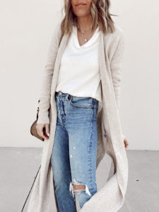 nordstrom white vneck long sleeve tshirt with duster and distressed straight leg jeans