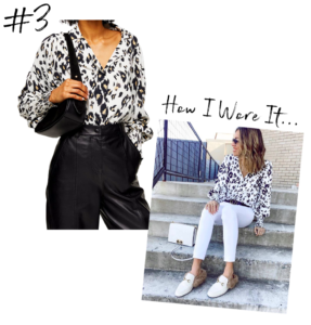 jaime shrayber wearing topshop scribble animal print top with white jeans and white faux fur lined loafers