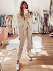 how to wear 1.state x Jaime Shrayber collection pieces together - beige cozy knit joggers cozy wrap front top and drape front maxi cardigan