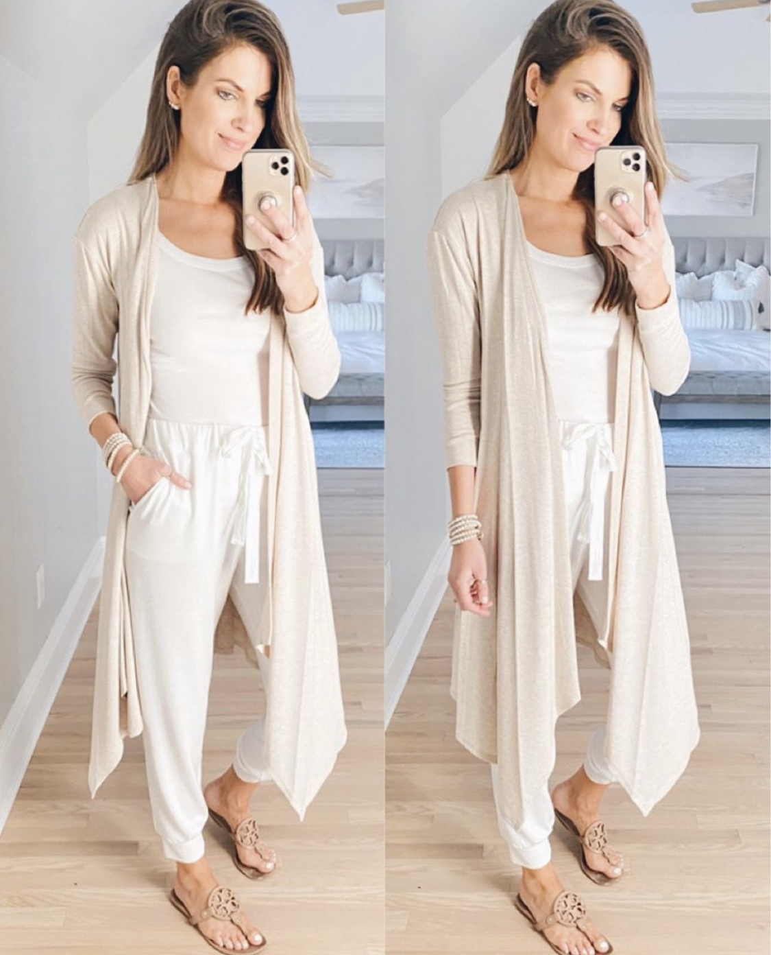 1.state x Jaime Shrayber beige drape front maxi cardigan and cozy knit jogger pants