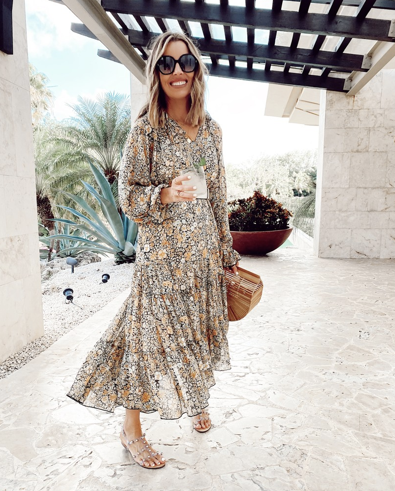 beach vacation outfit - free people feeling groovy floral maxi dress with clear strappy studded sandals