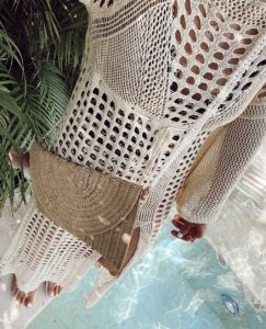beach resort wear - Amazon white knit see through swimsuit tan beige coverup with leg slit and bell sleeves