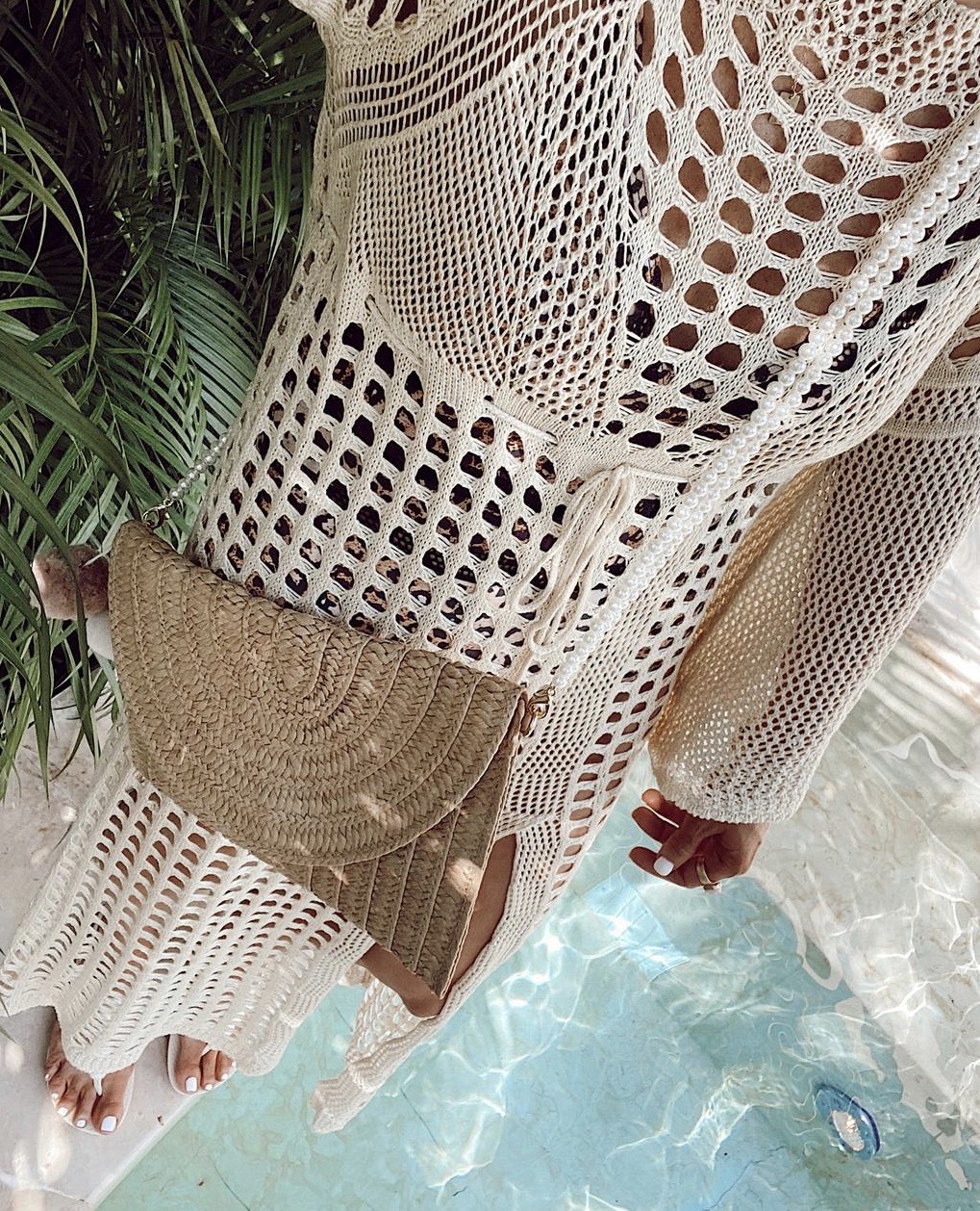 beach resort wear - Amazon knit see through tan beige swimsuit coverup dress with leg slit and bell sleeves
